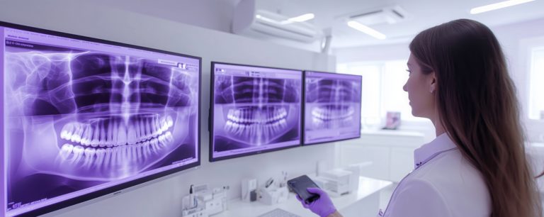Dentist reviews x-ray with patient